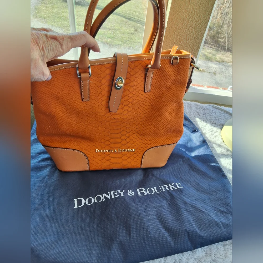Dooney & Bourke Ostrich Orange and Brown Tote with Structured Design - Picture 13 of 14